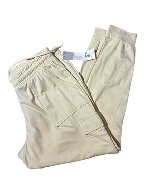 NWT Just Be Women’s Cream Fleece Cargo Joggers with Drawstring Waist Cuff Ankles